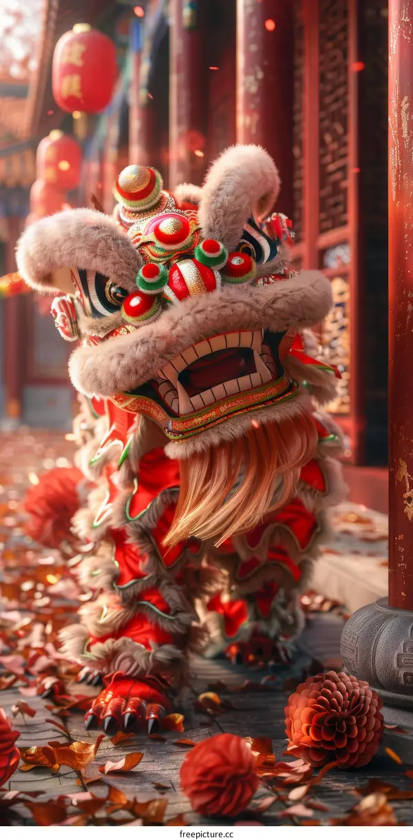 Lion Dance at a Temple for Chinese New Year