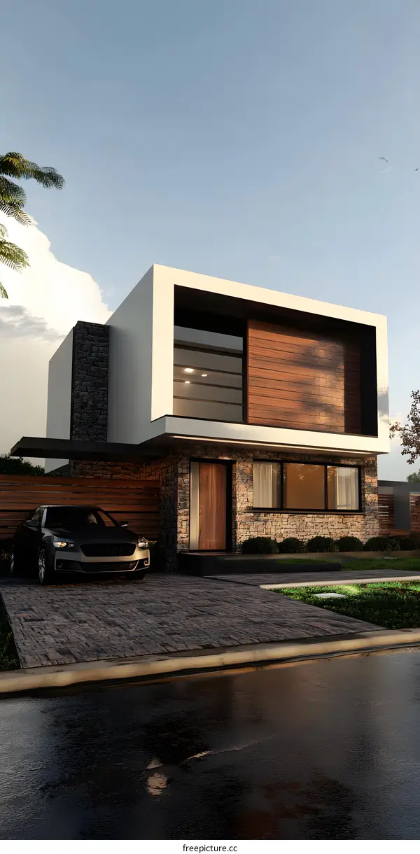 Modern House with Stone and Wood Exterior