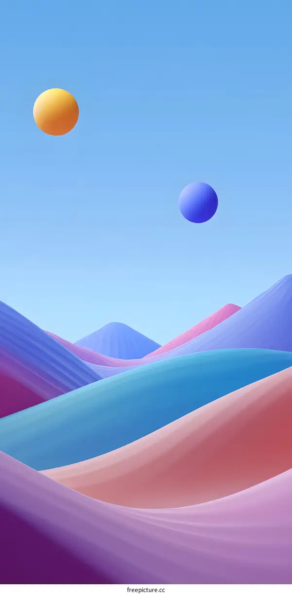 Abstract Landscape with Colorful Hills and Floating Spheres