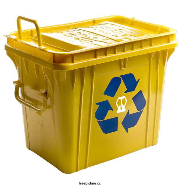 [Transparent Background PNG]Yellow Recycling Bin with Blue Recycling Symbol