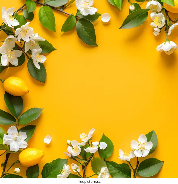 White Flowers Lemon Branches on Yellow Background