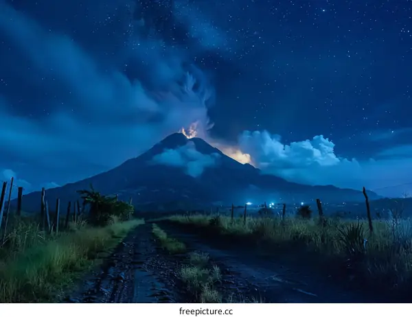 Night sky with a star filled sky and a volcano erupting in the distance with a road in the foreground