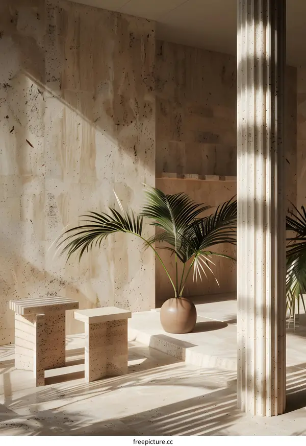 Minimalist Interior Design with Stone Wall and Palm Tree