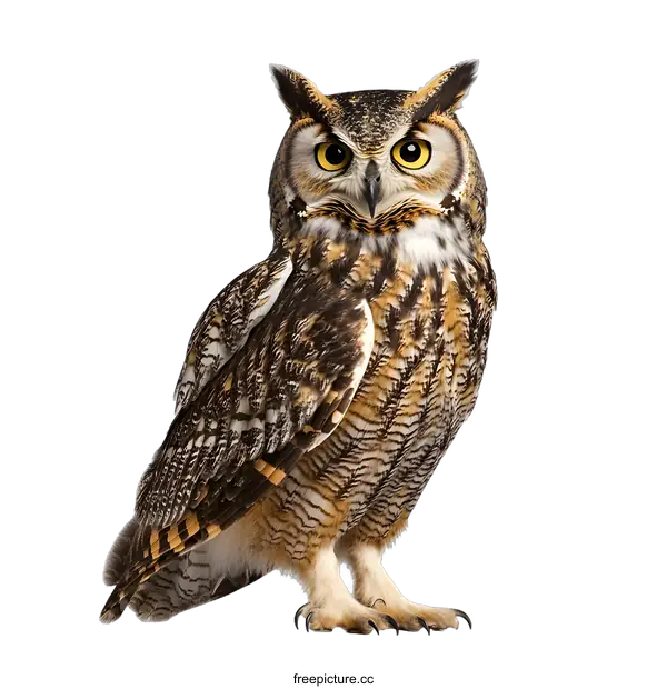 [Transparent Background PNG]Great Horned Owl With Yellow Eyes Isolated on White Background