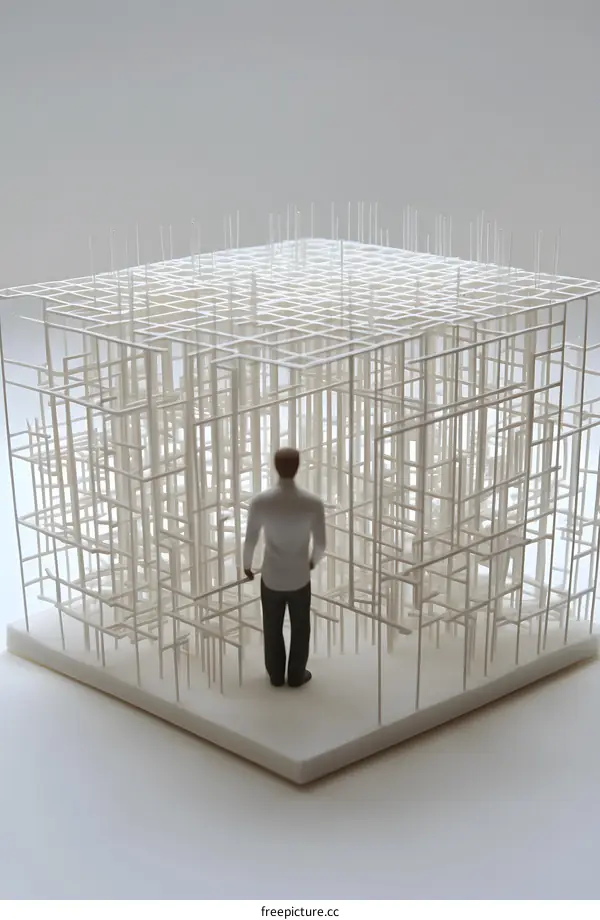 White Structure Model with a Figure Standing in Front of It