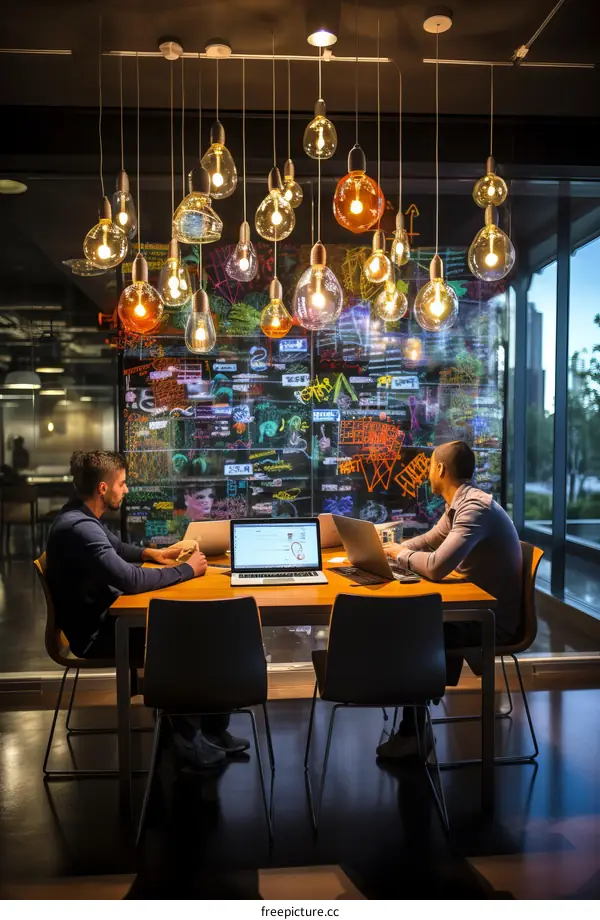 Two men in a meeting room with a chalkboard wall