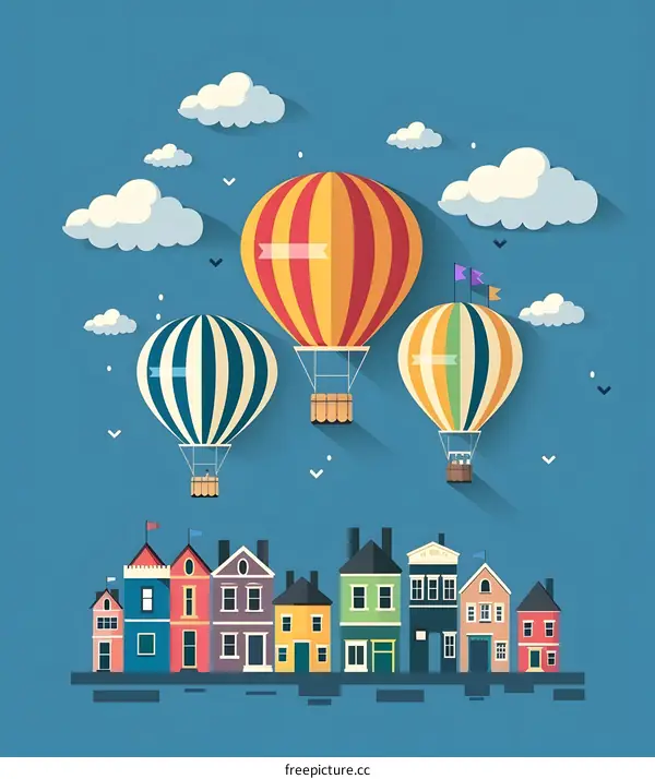 Colorful Hot Air Balloons Over Cityscape Flat Design Illustration