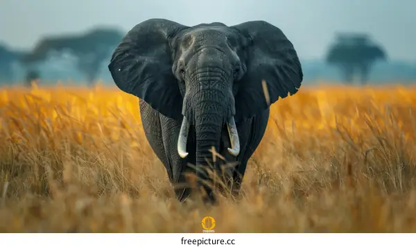 Elephant walking through tall African grass