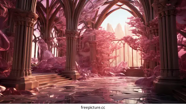 Pink fantasy landscape with pink crystal trees and pink crystal floor
