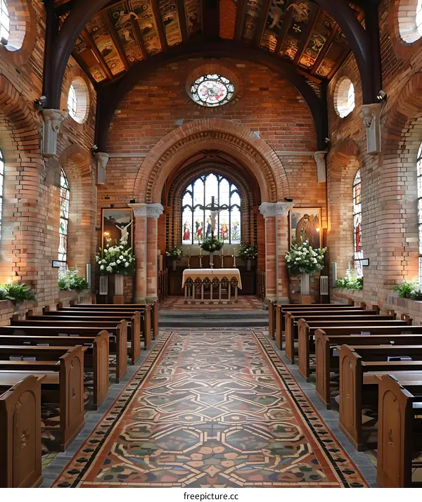 An empty church with brick walls and stained glass windows