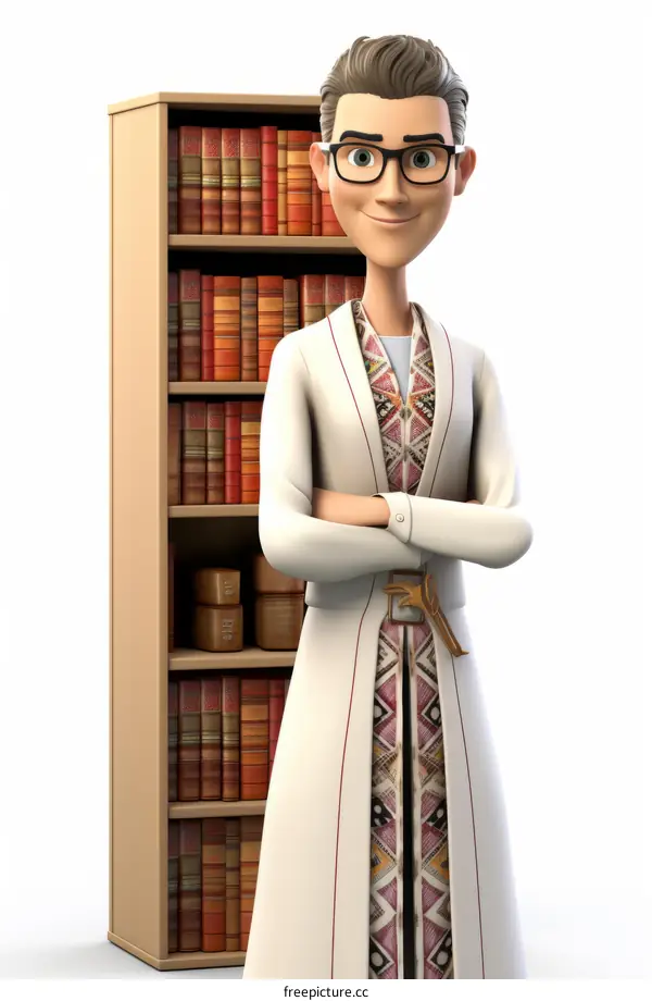 A 3D Render of a Male Librarian Working at a Bookshelf