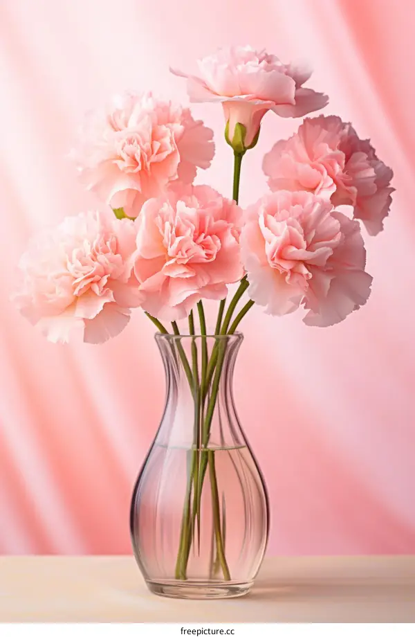 Pink Carnations Bouquet in a Glass Vase on Wooden Table