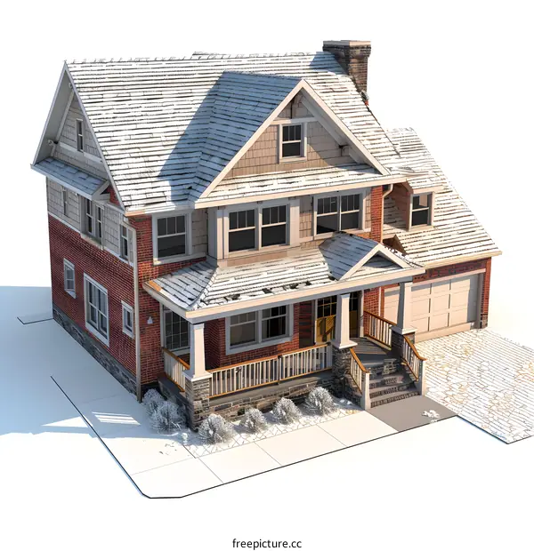 A 3D rendering of a two-story house with a brick exterior and a snow-covered roof.