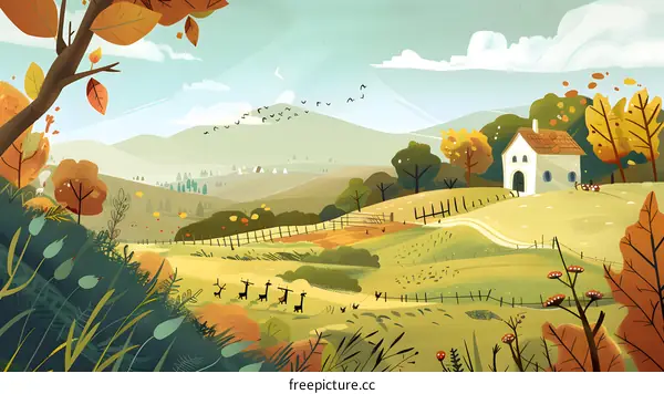 Autumn Landscape with House and Deer