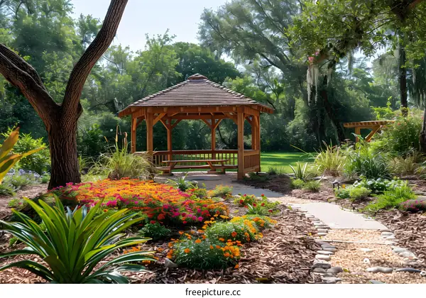 Wooden Gazebo in a Garden with Flowers