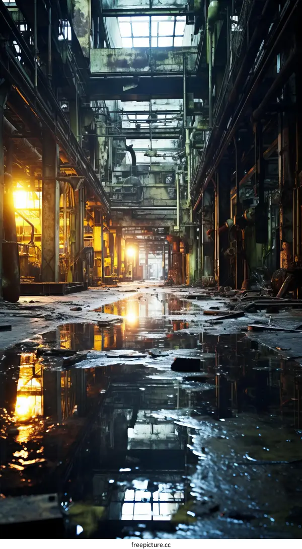decaying industrial building interior with puddles on the floor