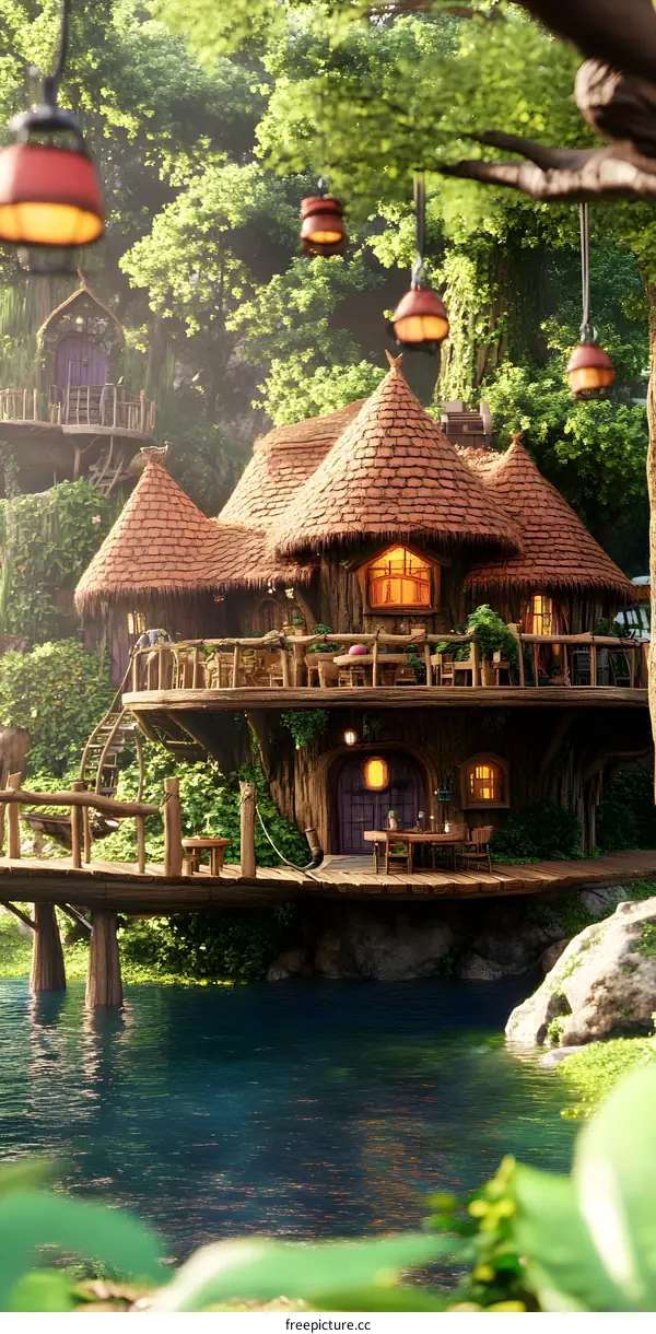Fantasy Treehouse with Wooden Bridge and Lake
