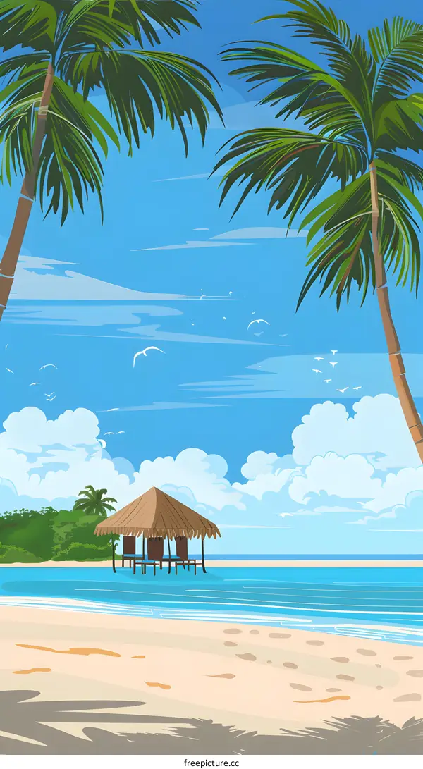 Tropical Beach with Palm Trees and a Hut
