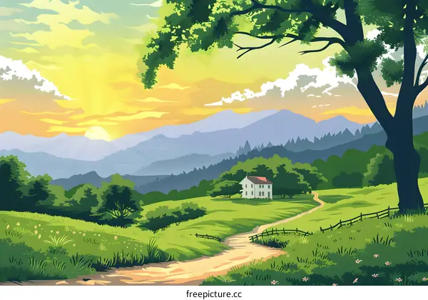 Countryside Landscape With Sunset and Hills