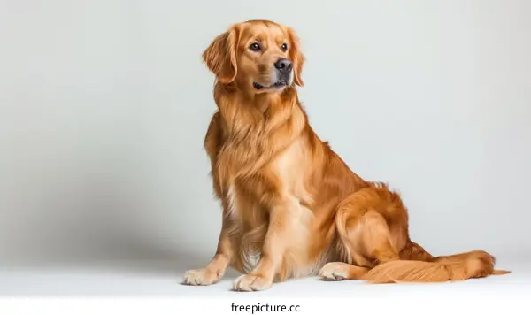 A Golden Retriever sits on a white background