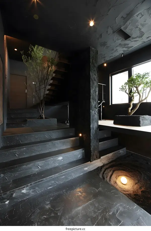 Black and White Interior Design with Minimalist Staircase and Small Tree