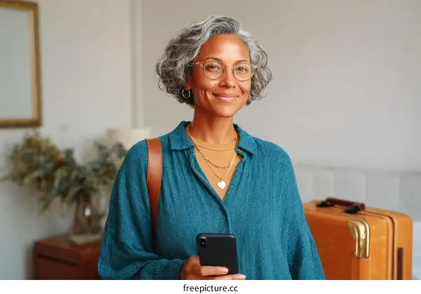 Smiling Woman Traveler in a Hotel Room