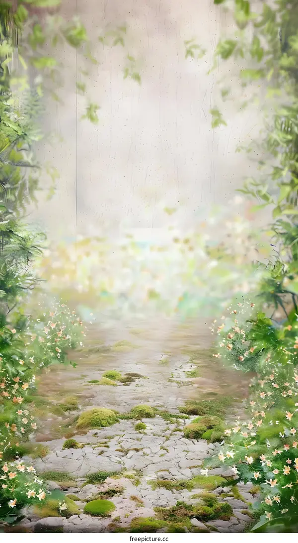 Springtime Nature Pathway With Green Greenery and Blossoms