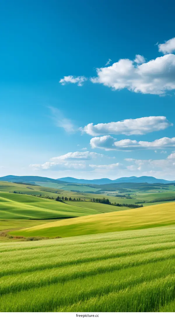 Green rolling hills under blue sky and white clouds