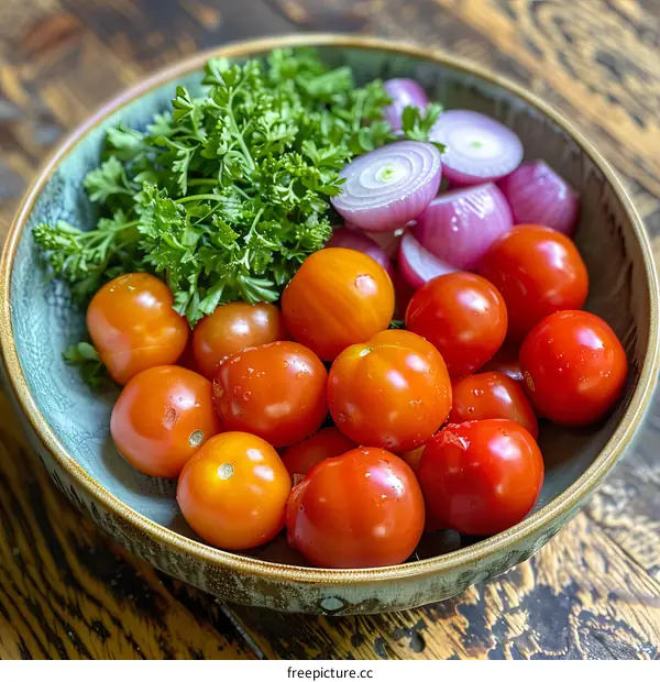A bowl of cherry tomatoes, red onions, and parsley