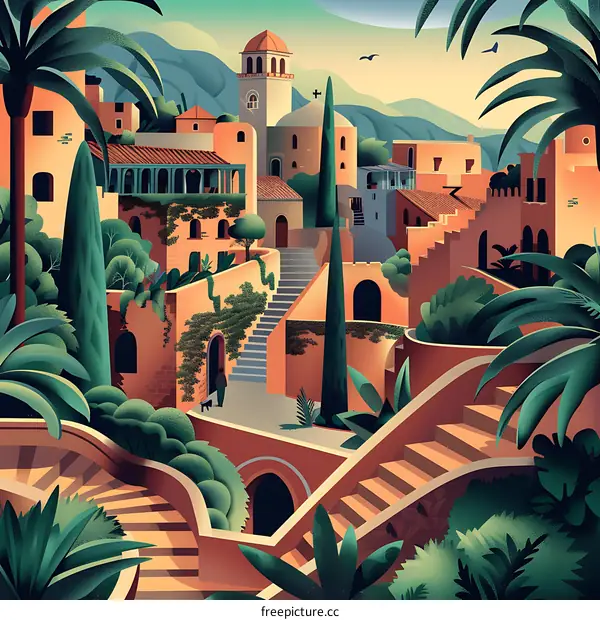 Mediterranean Village Landscape Illustration with Palm Trees and Stairway