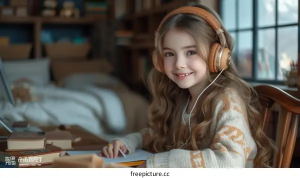 Little girl with headphones smiling while sitting at a desk