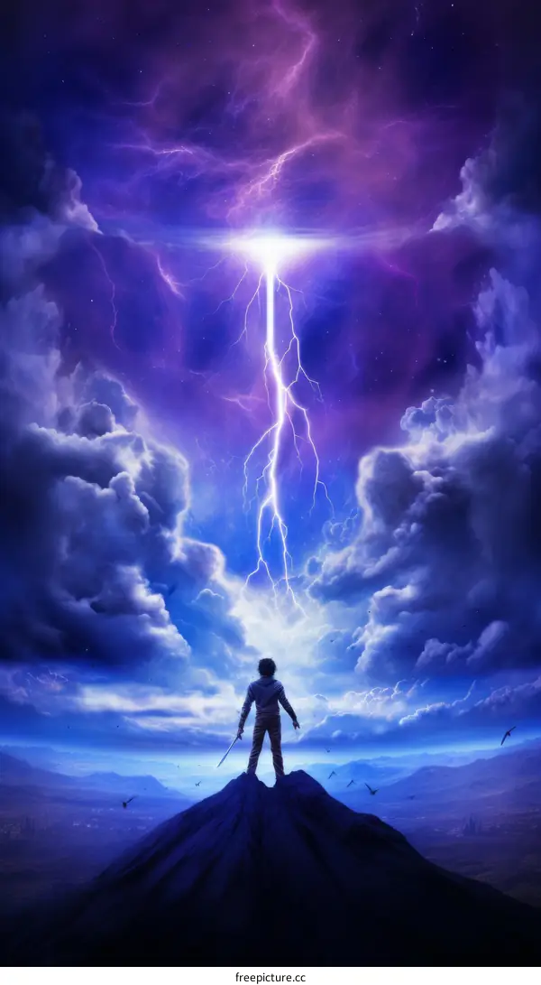 Man standing on a mountaintop during a lightning storm