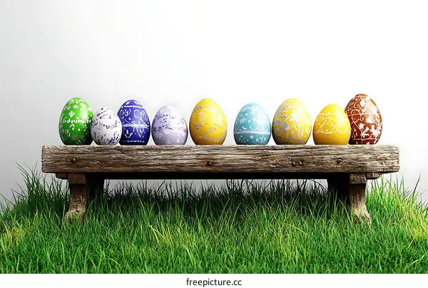 Colorful Easter Eggs on Rustic Wooden Bench