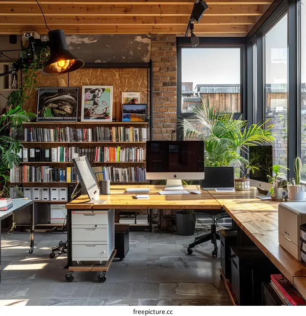 Industrial Workspace with Exposed Brick Wall and Large Windows