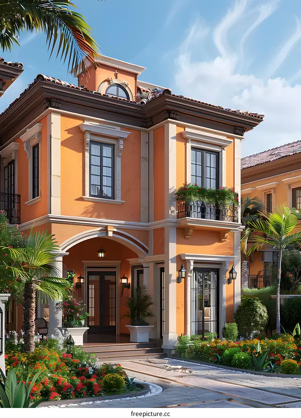 European style two storey house with orange exterior and black roof