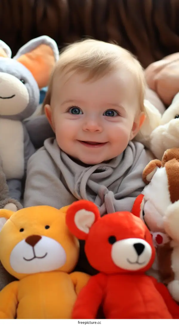 Baby surrounded by stuffed animals