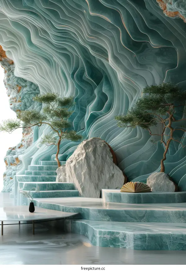 Abstract Interior Design with Teal Stone Steps