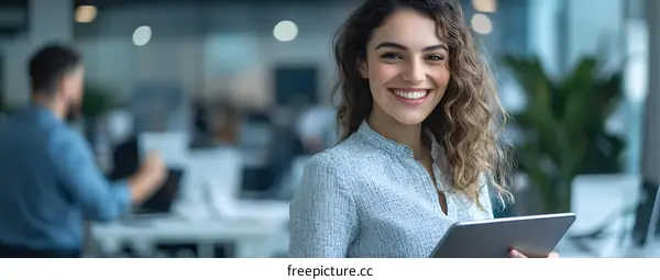 Smiling Businesswoman Holding Tablet In Office