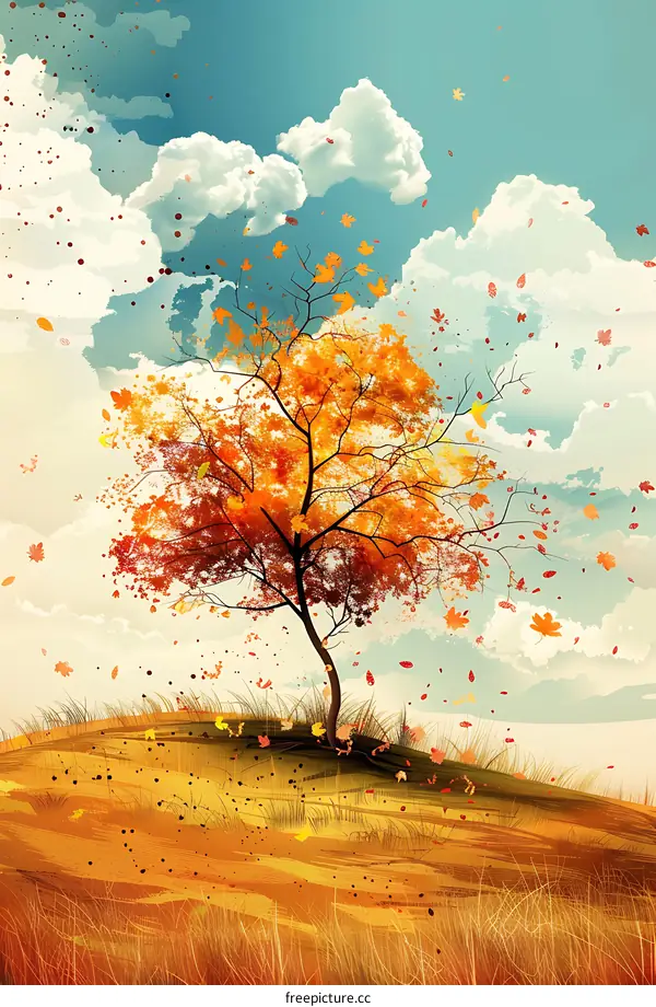 Autumn Tree Landscape with Falling Leaves and Clouds