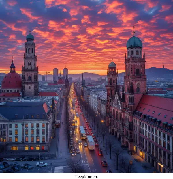 Cityscape of Munich, Germany at sunset