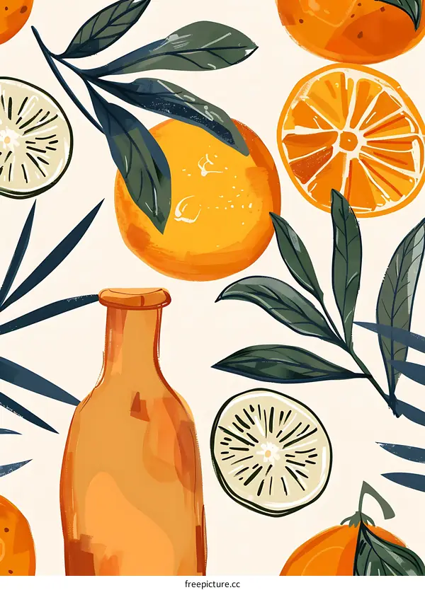 Orange, Bottle and Palm Leaves Illustration