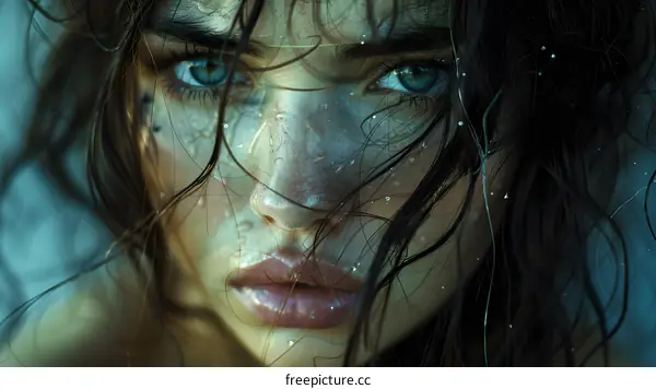 Portrait of a young woman with wet hair and blue eyes