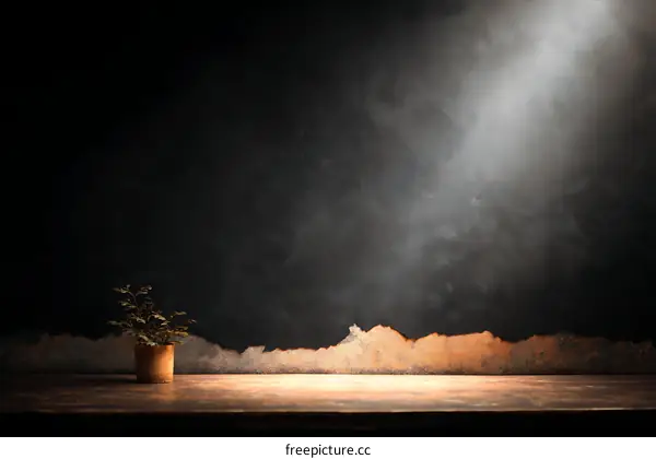 Empty Wooden Table Top with Plant and Dark Background
