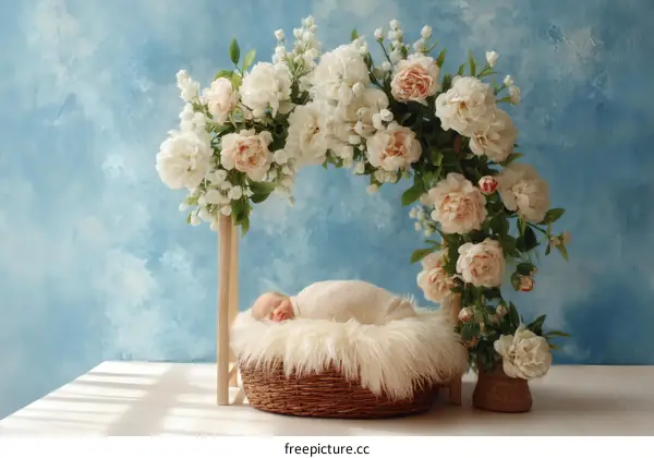 Baby Girl Newborn Photography Studio Setup with Floral Arch