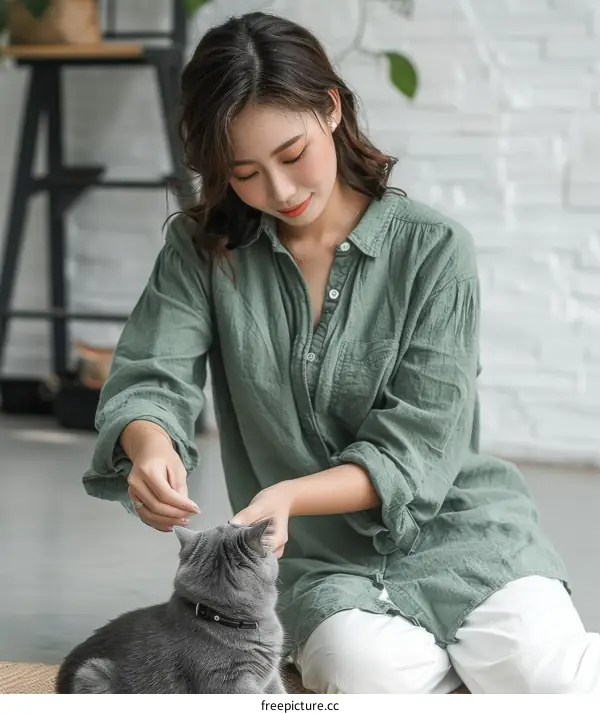 A young woman is petting a gray cat