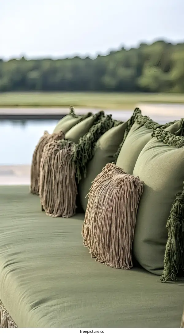 Outdoor Sofa Cushions with Tassels in Olive Green