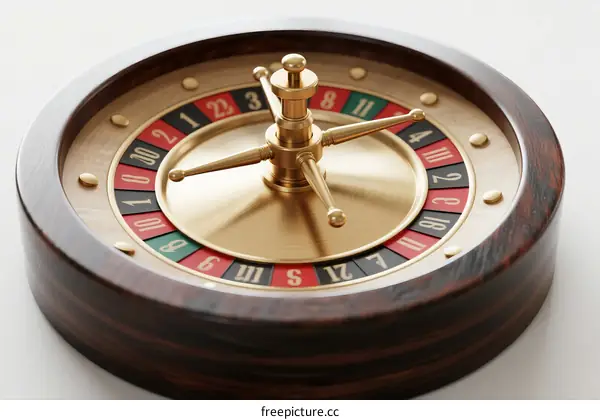 A close-up view of a classic wooden roulette wheel with golden details