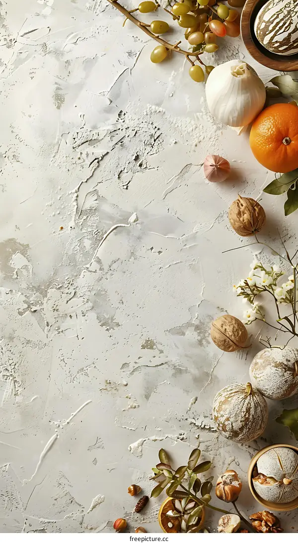 Food Background with Nuts, Fruits and Flowers