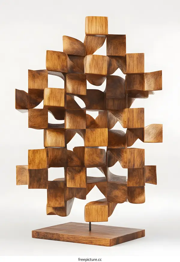 Wooden Abstract Sculpture with Geometric Shapes