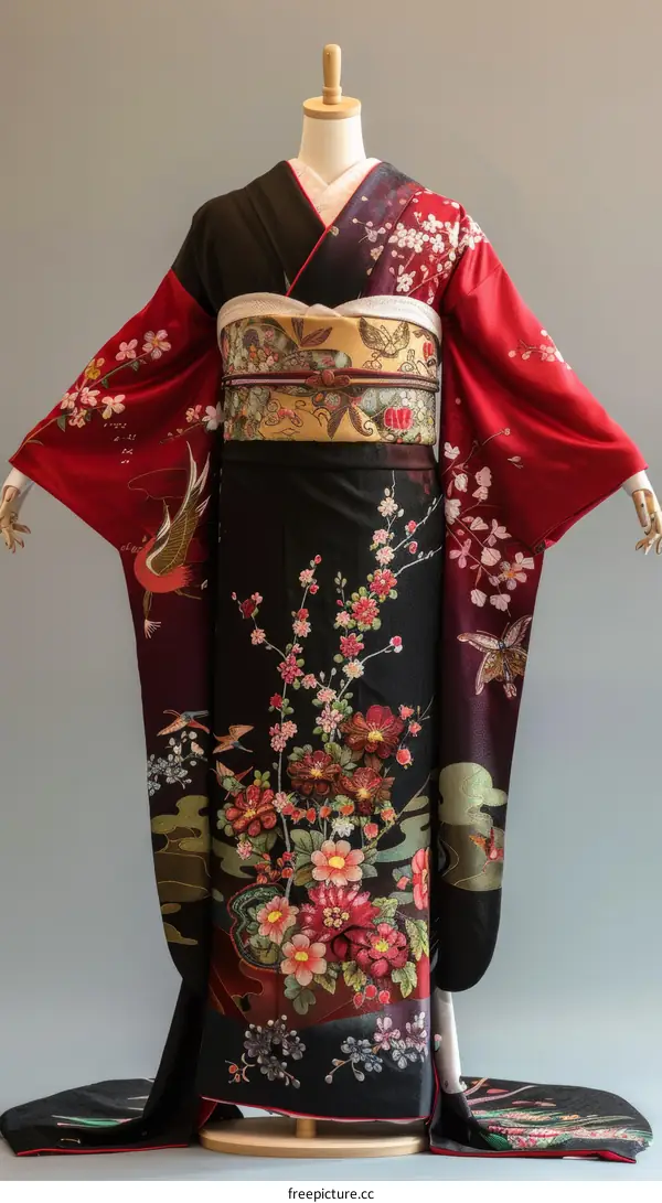 Traditional Japanese Kimono with Floral and Bird Patterns